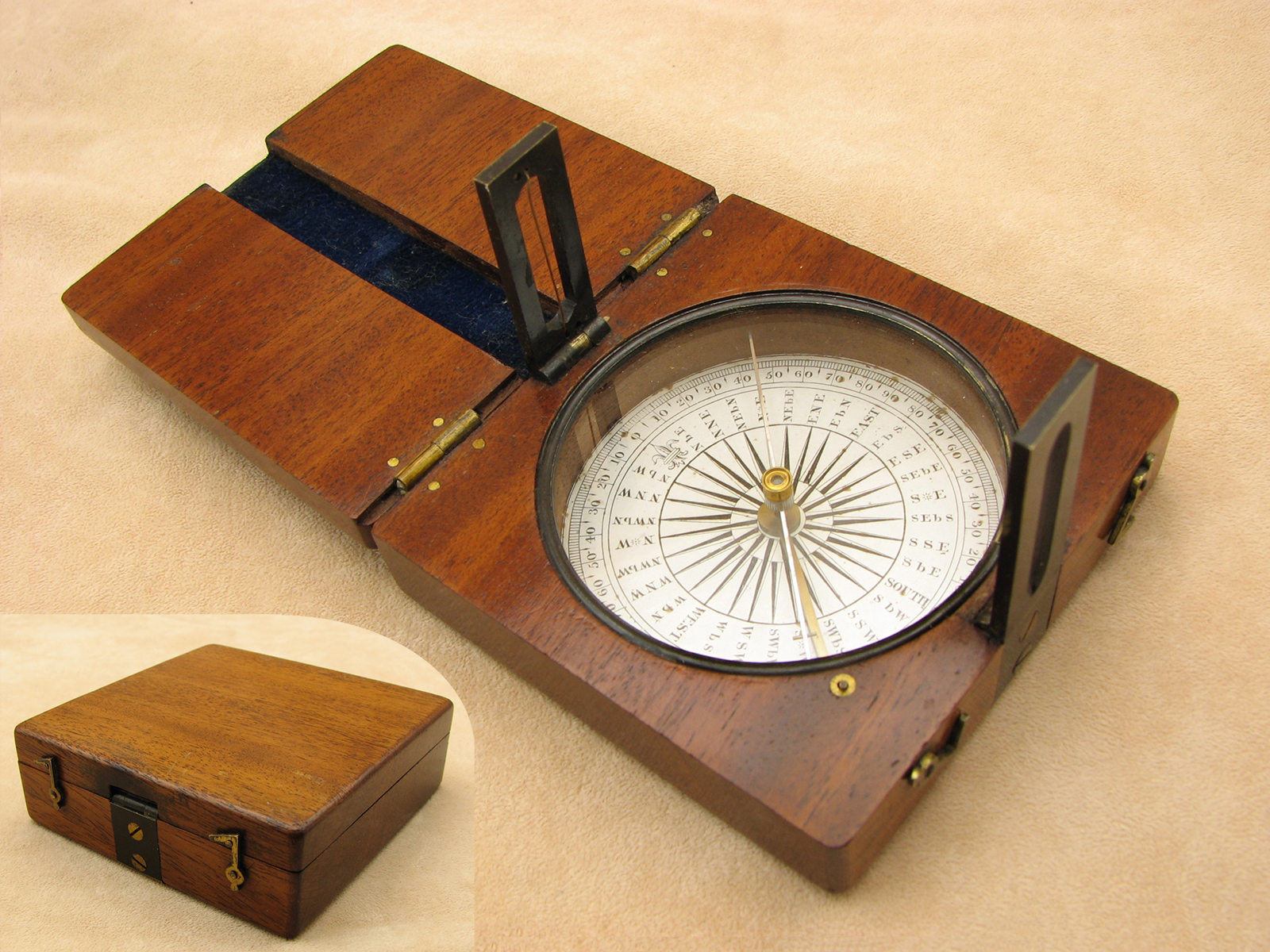 Antique Francis Barker mahogany cased needle compass with twin sight vanes
